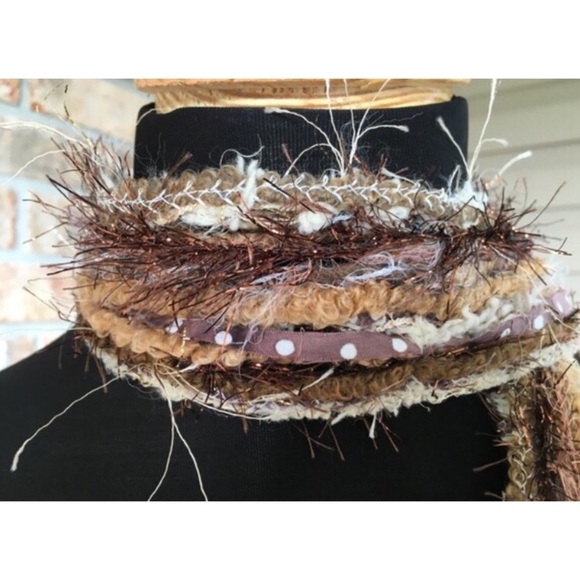 HANDMADE Necklace Scarf Brownie Dots Fringe Boho Eyelash Yarn Batik Fabric - Picture 2 of 4